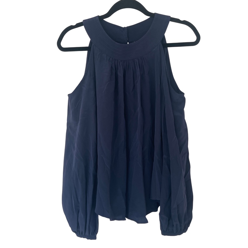 Trina Turk Navy Cold Shoulder 100% Silk Gathered Neck Blouse Top Women's Size XS